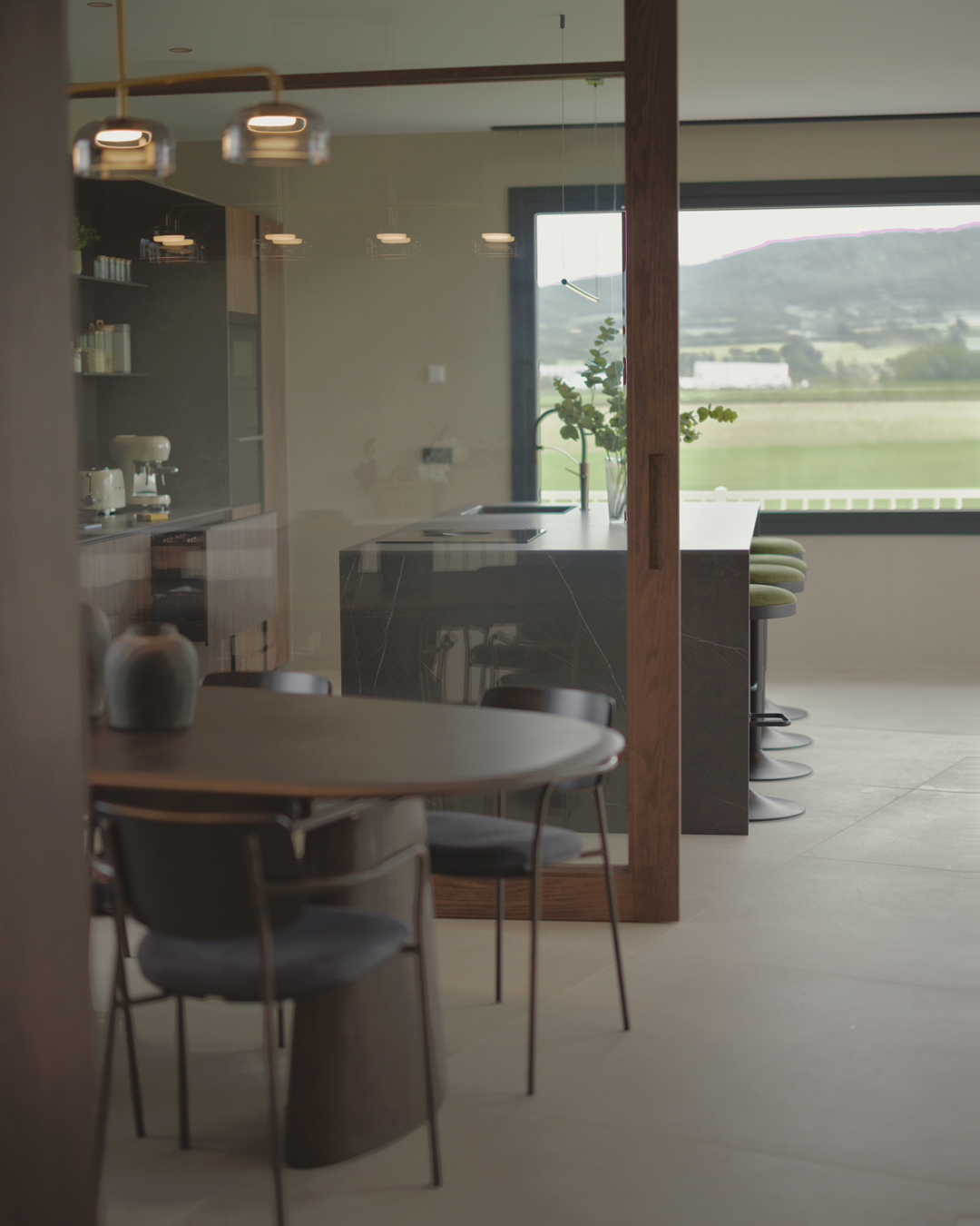 Interior de arquitectura moderna de obra nueva en Casa V por a.bolado arquitectura, donde destaca la sencillez material de la piedra y la búsqueda de paz y luz